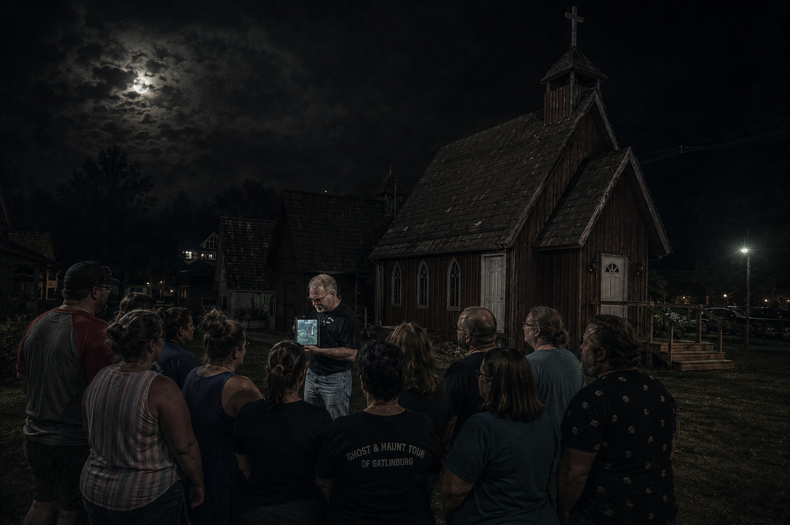 Ghost tour guide leading guests through historic Gatlinburg at night